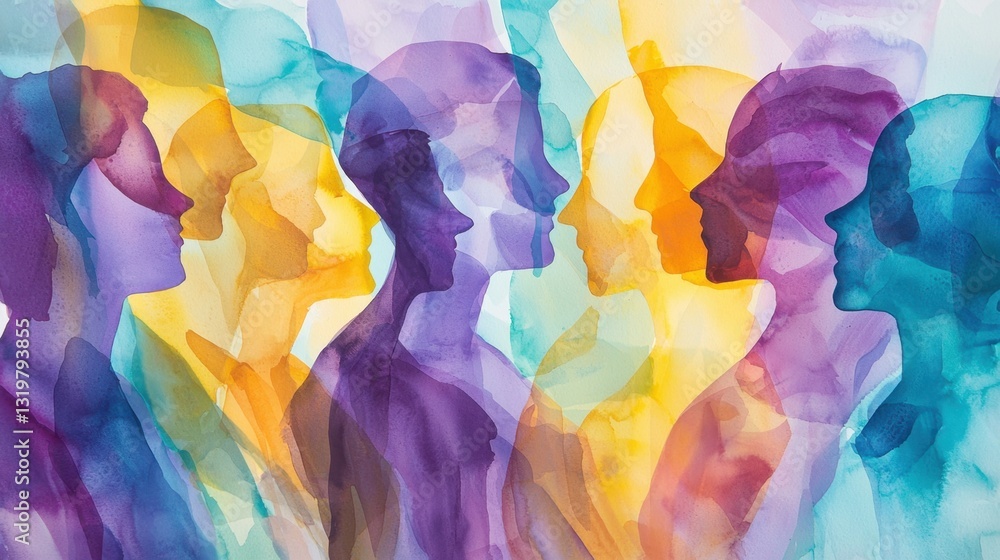 Poster a visually striking abstract art piece features colorful overlapping silhouettes of diverse faces. v