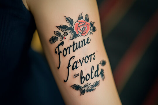 
A retro tattoo of text : "Fortune favors the bold" in a bold 1950s-style script, with slight fading for a vintage effect