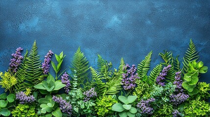A blue wall with a bunch of purple flowers and green leaves