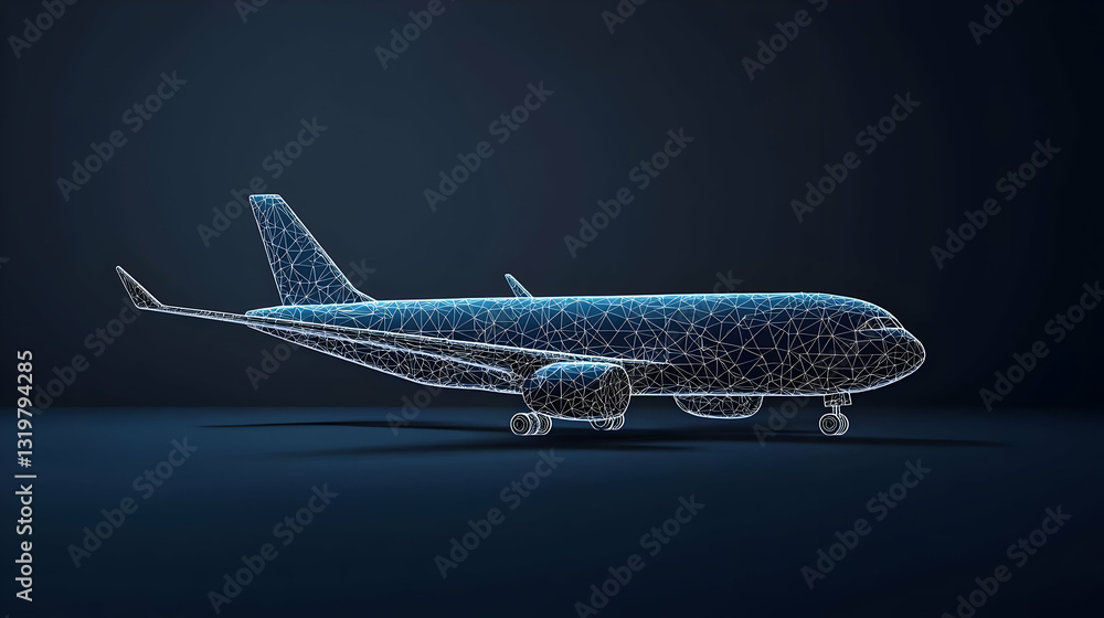 Poster abstract 3d rendering of a futuristic airplane formed by glowing blue particles on a dark background