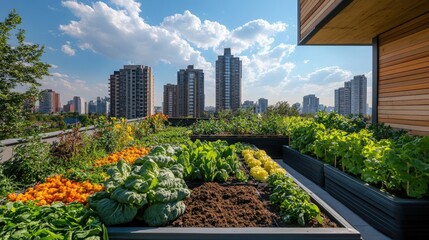 Fototapeta premium A dynamic photo illustrating urban gardening, featuring rooftop gardens with a variety of plants and vegetables, set against a cityscape backdrop, promoting green living in urban areas.