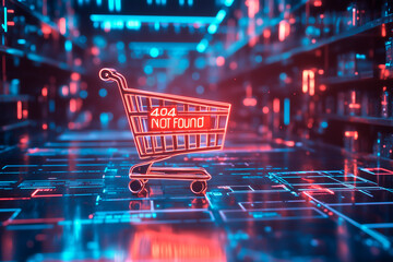 
A tech e-commerce 404 page, showing a broken shopping cart icon floating in a futuristic void with neon TEXT: "404 Not Found"

