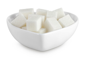 Sugar cubes in a ceramic bowl isolated on white background