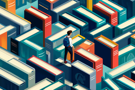 A university-themed 404 page featuring a lost student in a giant maze of books, trying to find the missing page

