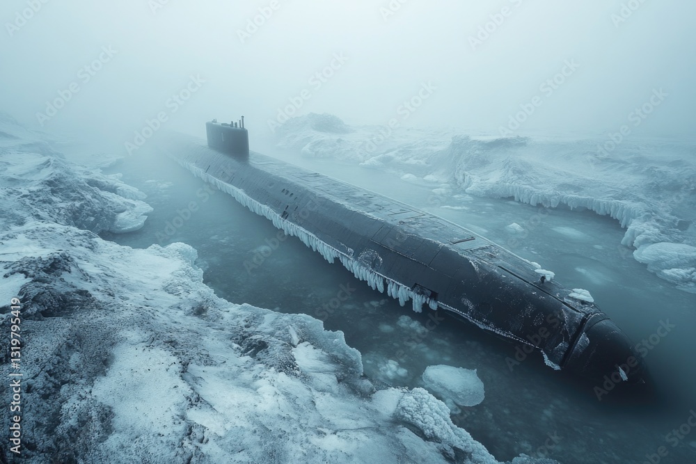 Poster a large submarine is stuck in ice and snow. the scene is cold and desolate, with the water and ice s