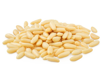 Shelled European pine nuts isolated on white background with full depth of field