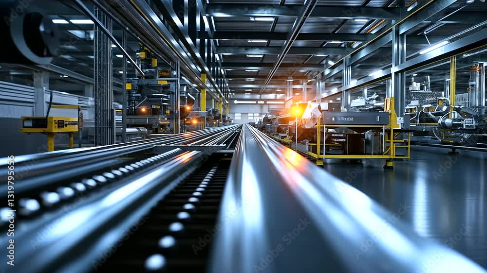 Poster a high-resolution view of a factory’s automated assembly line, with pipes and conveyor belts moving 