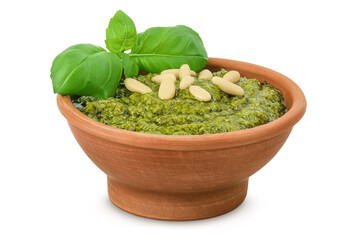 Pesto sauce in ceramic bowl isolated on white background