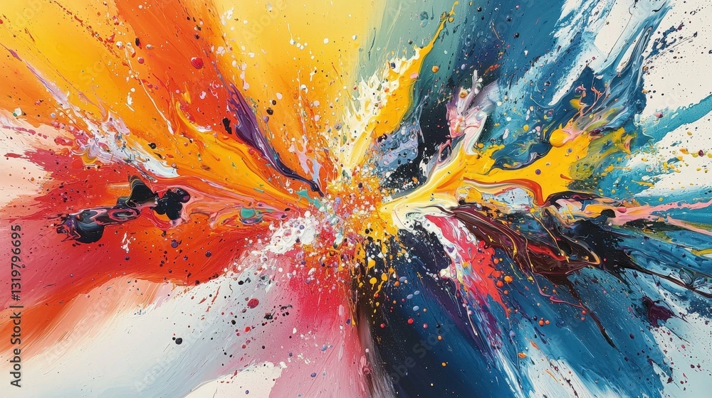 Poster bold shades of orange, blue, and yellow collide in an energetic explosion of color on canvas, creati