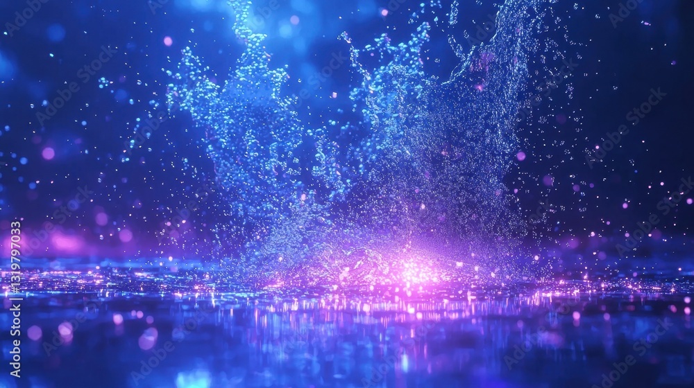 Poster water droplets burst into vibrant colors against a dark backdrop, creating a stunning visual display