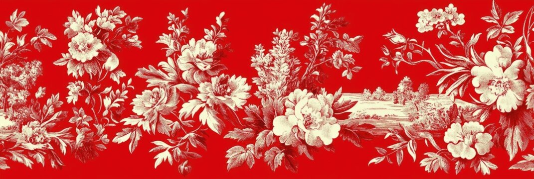 A red and white floral border with a flowery design. The red and white color scheme gives the image a vintage and classic feel. The flowers are arranged in a way that creates a sense of movement