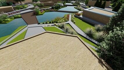 3d image of the landscape design of the home territory. Landscaping of the territory. Computer visualization of composite landscaping and landscaping solutions.