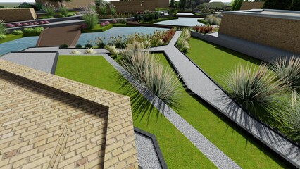 3d image of the landscape design of the home territory. Landscaping of the territory. Computer visualization of composite landscaping and landscaping solutions.
