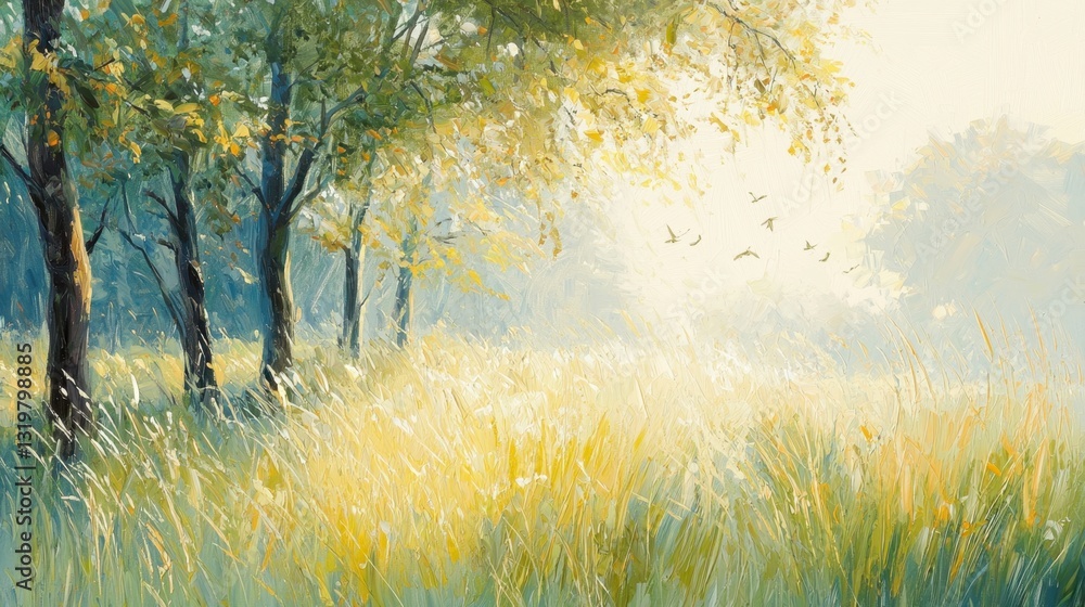 Poster sunlight pierces through the branches of trees in a vibrant meadow, creating a warm atmosphere fille