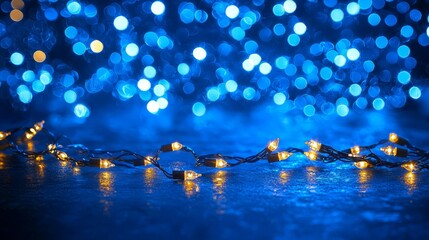 A string of blue and white lights on a blue background