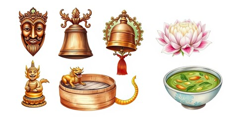 Asian Culture Bells Dragon Mask Lotus Soup Statues Illustrations