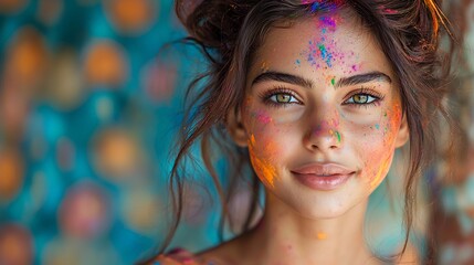 Close up portrait of an attractive Indian girl with colorful Holi powders splashed on her face and hair her eyes sparkling with happiness set against a vibrant and festive Holi celebration backdrop