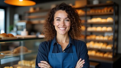 Confident woman, bakery owner, blue apron, curly hair, warm smile, arms crossed, bakery interior, soft lighting, 