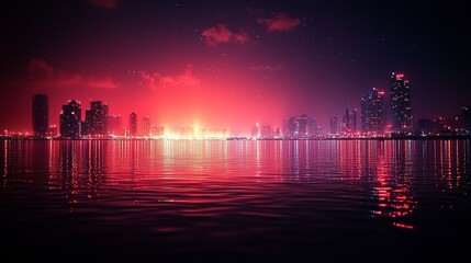 A city skyline at night reflected in the water