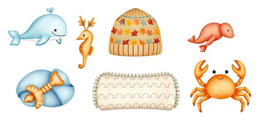 Naklejka premium Cute Ocean Animals Autumn Hat Clipart Set Whale Seahorse Seal Crab