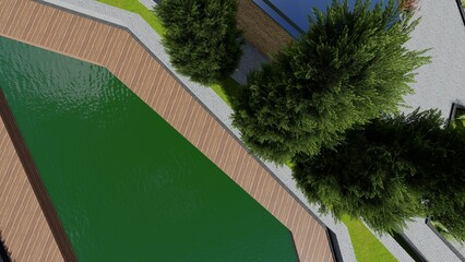 3d image of the landscape design of the home territory. Landscaping of the territory. Computer visualization of composite landscaping and landscaping solutions.