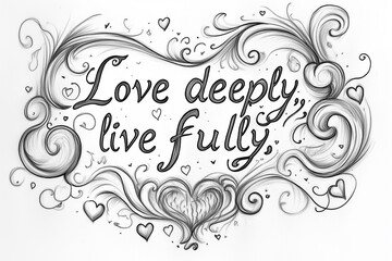 
sketch of A heartfelt tattoo of text: "Love deeply, live fully" in a romantic cursive font, adorned with tiny hearts and swirls