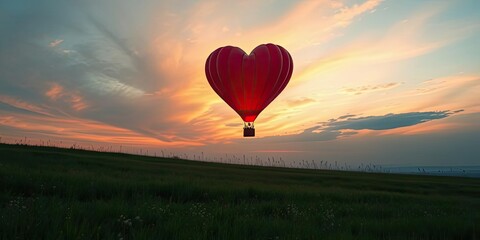 Obraz premium Heart Shaped Hot Air Balloon Sunset Flight over Green Field
