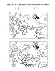 Find the differences puzzle featuring garden scene with cartoon insects, perfect for children to develop observation skills.