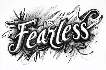 sketch of A powerful tattoo of text: "Fearless" in a heavy, black-stroke font with dynamic, angular lines for impact