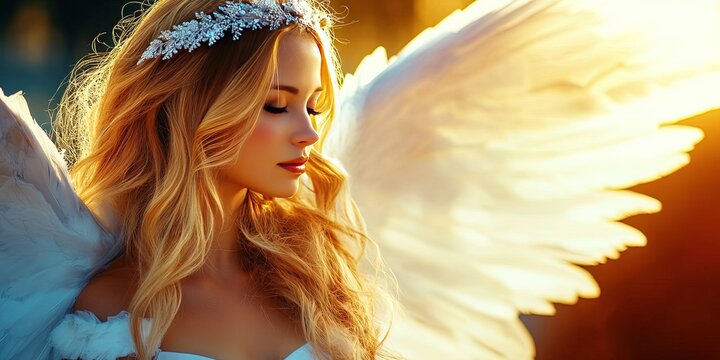 woman angel with feathered wings - Powered by Adobe