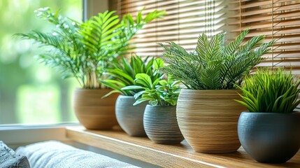A row of potted plants sitting on a window sill