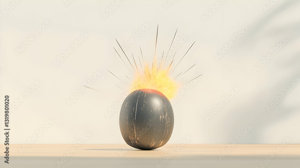 Poster dynamic explosion of a dark textured sphere with sparks on a wooden table against a light background