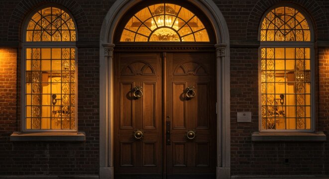 Ornate European Wooden Door with Brass Knobs and Windows