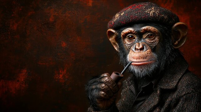 A monkey wearing a hat and smoking a pipe
