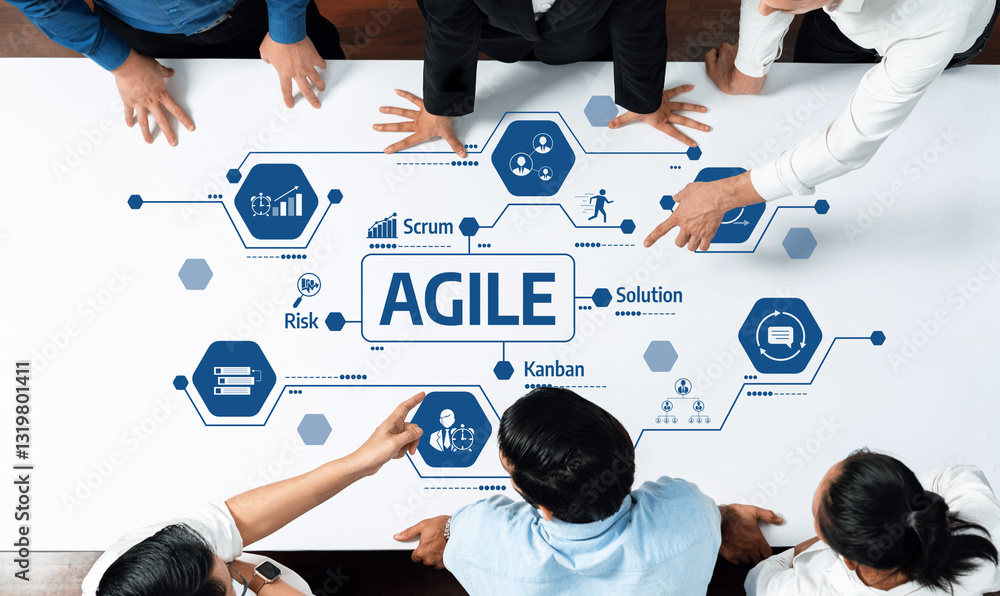 Poster This image showcases a collaborative team engaged in Agile project management, focusing on Scrum and Kanban methodologies in a modern workspace environment. Amity