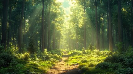 Obraz premium Sunlit path through a lush green forest, with tall trees and vibrant undergrowth. Ideal for illustrating tranquility, nature, or adventure themes.
