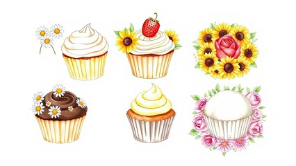 Delicious Cupcakes with Flowers Strawberry Bakery Dessert Sweet Treats Food Illustration