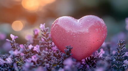 Fototapeta premium A pink heart sitting on top of a field of lavender