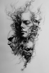 Fototapeta premium sketch of tattoo A blackwork horror sleeve tattoo with realistic ghostly faces emerging from smoke, deep shadows, and occult symbols