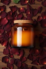 Soy wax candle in a brown glass jar, top view
