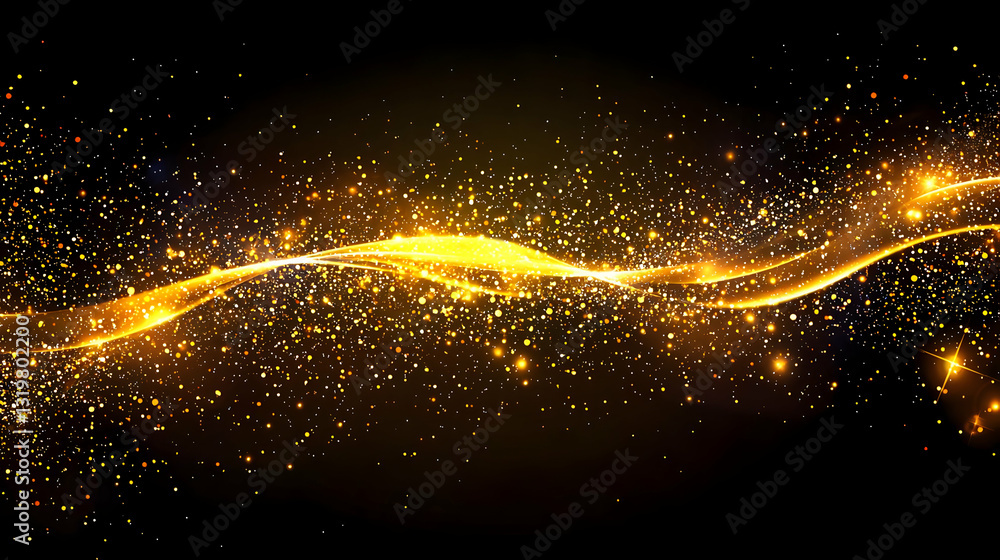 Poster abstract golden glitter wave pattern against black background with sparkling particles and light eff