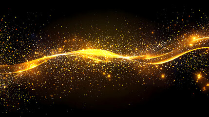 Abstract Golden Glitter Wave Pattern Against Black Background with Sparkling Particles and Light Effects