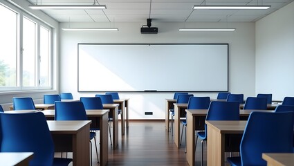 A photograph of a modern classroom with a minimalist design. The room has white walls and a high ceiling with recessed lighting