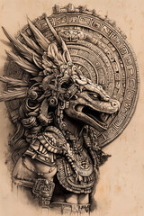 
sketch of tattoo of A Mayan and Aztec-inspired sleeve tattoo with a stone-carved serpent god, tribal patterns, and an ancient sun calendar in the background