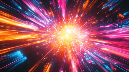 A glowing core surrounded by vibrant light streaks and sharp angular rays, futuristic energy burst, bold. Chromatic Luminance. Illustration