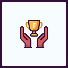Golden cup icon on hands presents business victory or championship prize