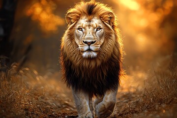 Fototapeta premium Majestic Lion Walking Sunset Savannah.