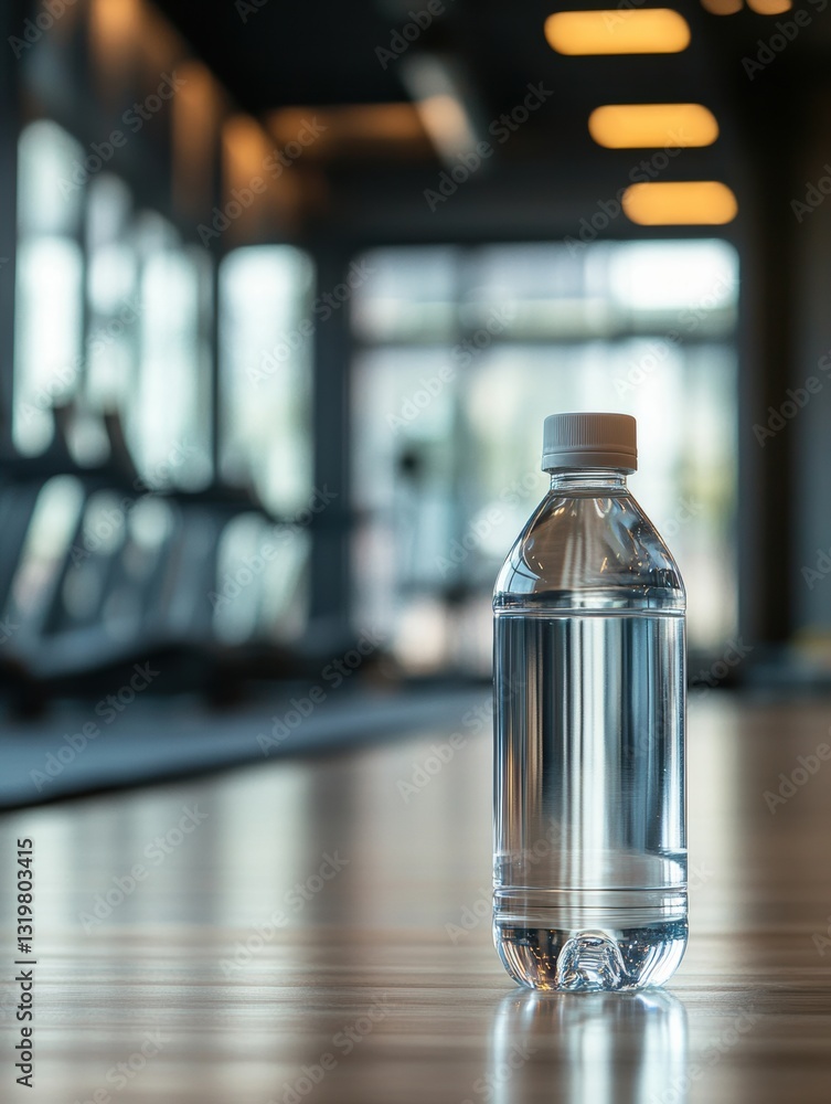 Poster Minimalist water bottle in a blurred gym setting with ample space for motivational text and clean design elements