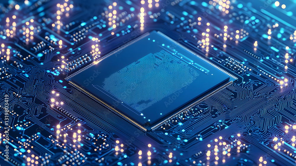 Aufkleber close up of a blue computer circuit board with glowing yellow and blue lights highlighting technolog