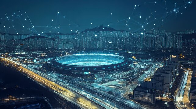 Night cityscape with stadium and connection lines. Aerial view of Hong Kong city. Possible use Stock photo